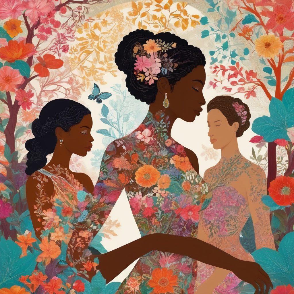 A beautifully detailed anatomical illustration showing the interconnectedness of women's health and family lineage, featuring silhouettes of diverse women surrounded by vibrant floral patterns symbolizing growth and heritage. Include elements like a DNA helix intertwined with ancient family trees and various cultural symbols representing women's roles in history. The scene should evoke a sense of empowerment and connection across generations. vibrant colors. intricate details. 3D.