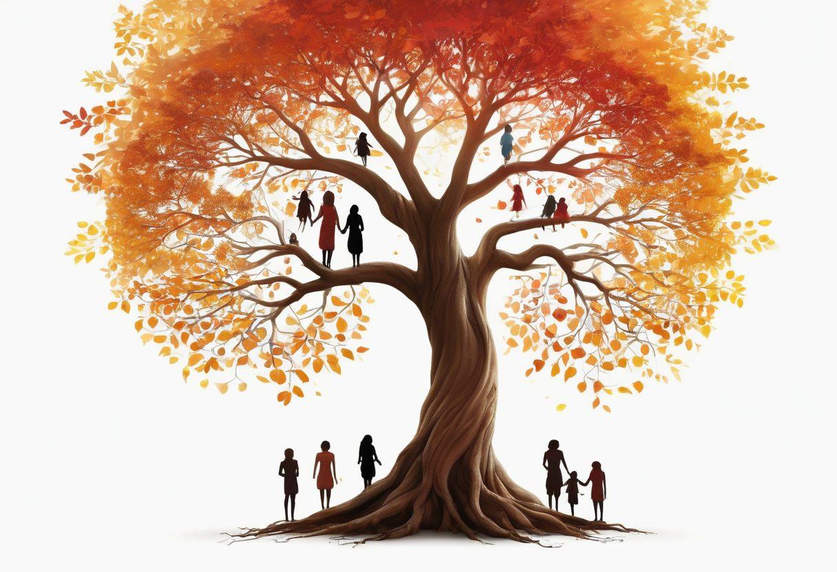 A serene family tree with vibrant leaves, symbolizing women's diverse lineage, branches connecting to different cultural symbols. Silhouettes of women from various backgrounds standing proudly beneath the tree, representing strength and heritage. Soft sunlight filtering through, creating an uplifting and hopeful atmosphere. super-realistic. vibrant colors. white background.