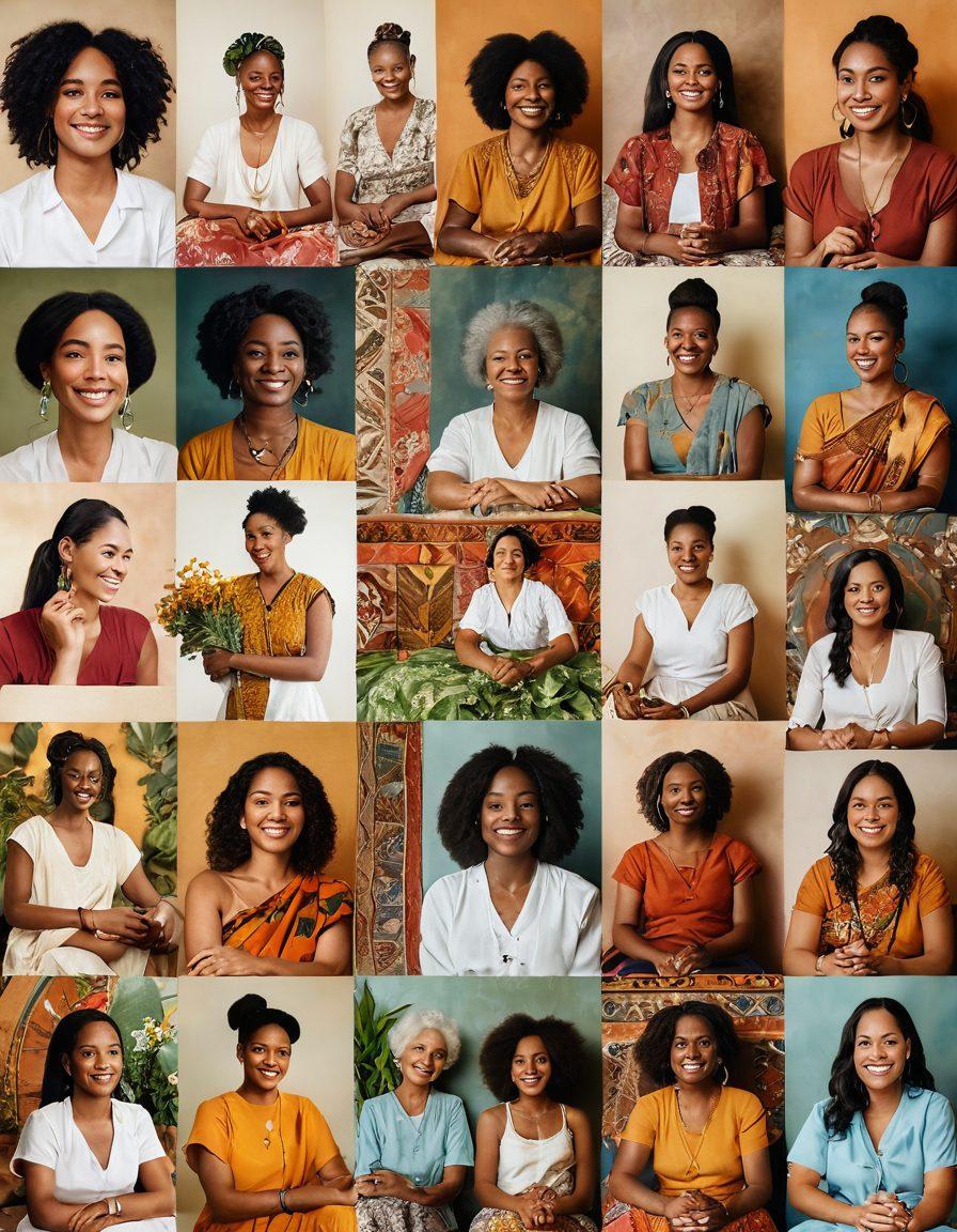 A beautiful collage showcasing a diverse group of women sharing ancestral stories, surrounded by symbolic elements representing health and heritage, such as traditional herbs, family heirlooms, and cultural textiles. The backdrop features vibrant colors and soft natural lighting, creating a warm, inviting atmosphere. Include various women of different backgrounds, smiling and engaged in storytelling. vibrant colors. soft focus. cultural elements.